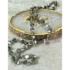 Vintage Miriam Haskell Green Glass Beaded Necklace 28” Long Strand Signed 55g